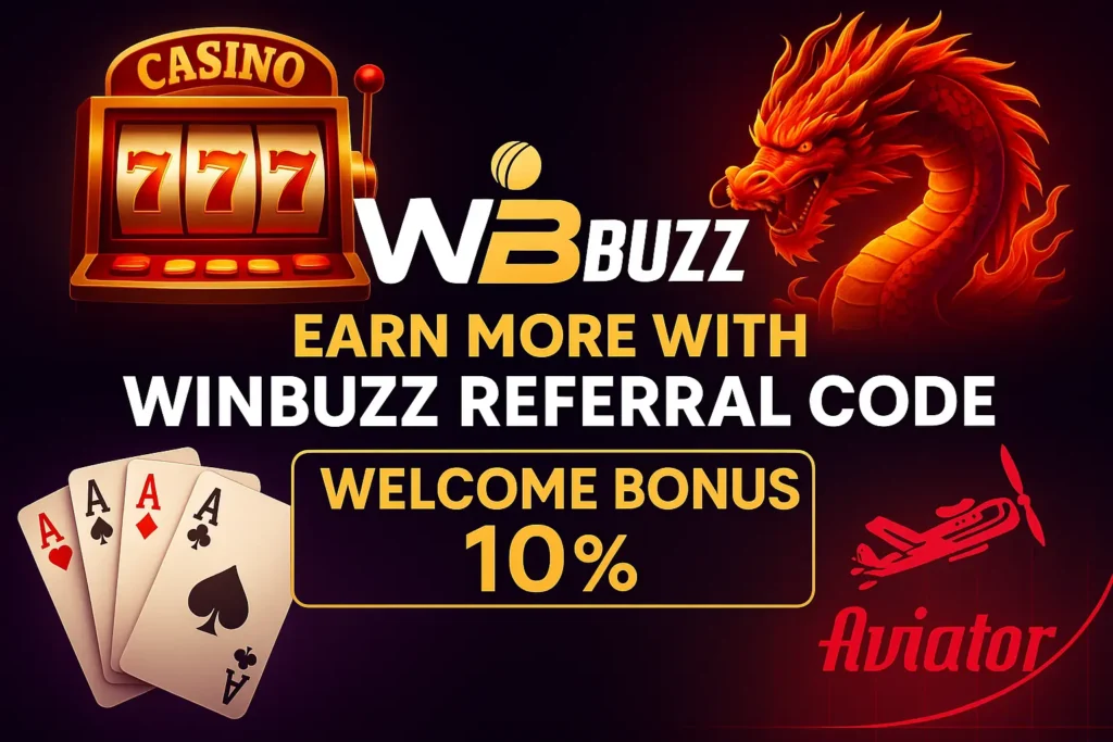 Promotional image featuring “Earn More with WinBuzz Referral Code” with casino, dragon, Teen Patti, and Aviator visuals.
