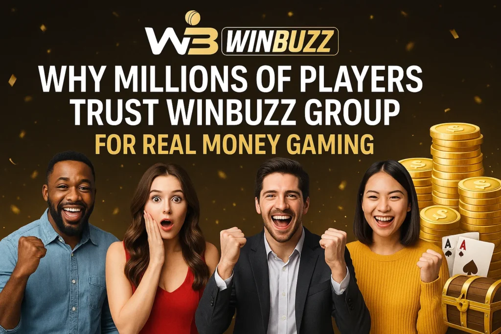 Excited players celebrating wins under WinBuzz logo with golden coins.