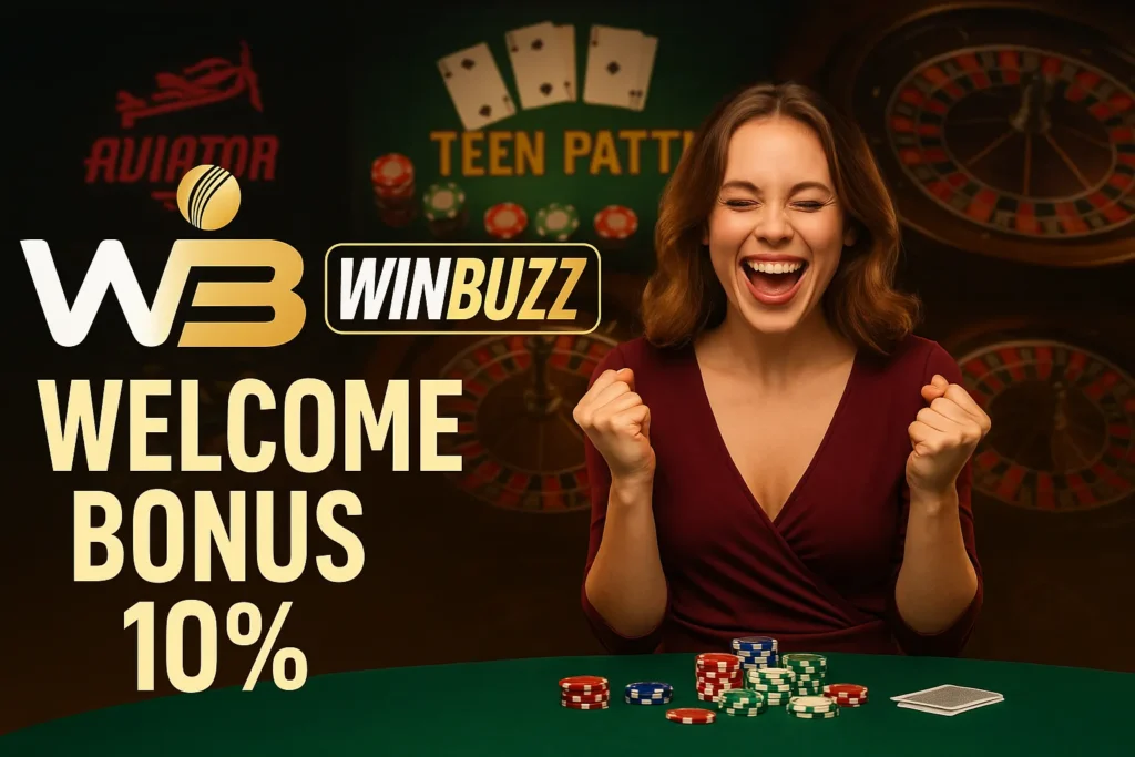 WinBuzz 10% welcome bonus with excited woman celebrating