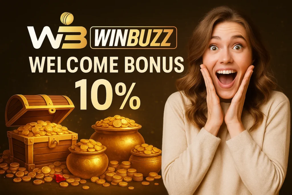 Excited woman beside piles of gold treasure promoting WinBuzz bonus.