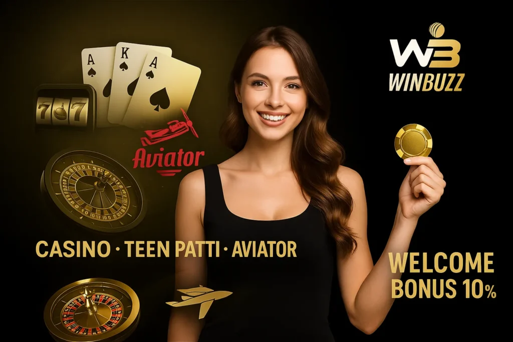 WinBuzz promo with girl holding poker chip and casino games in background.