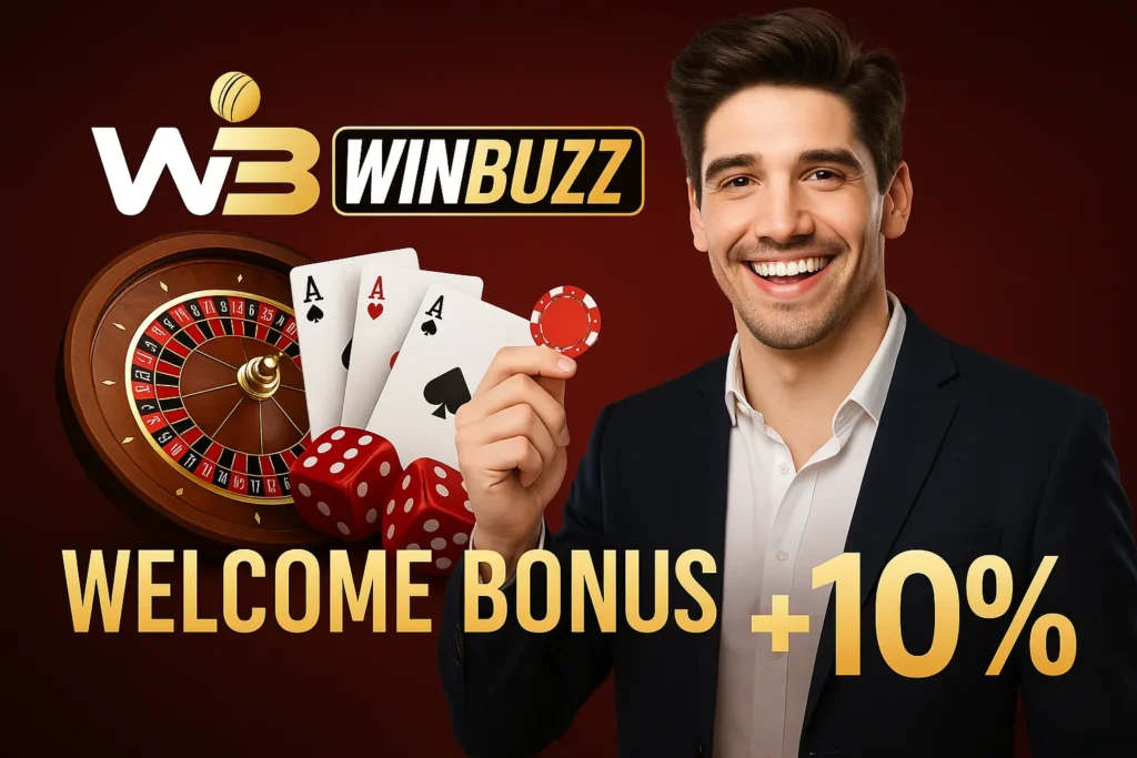 WinBuzz casino promotion with smiling man holding a poker chip.