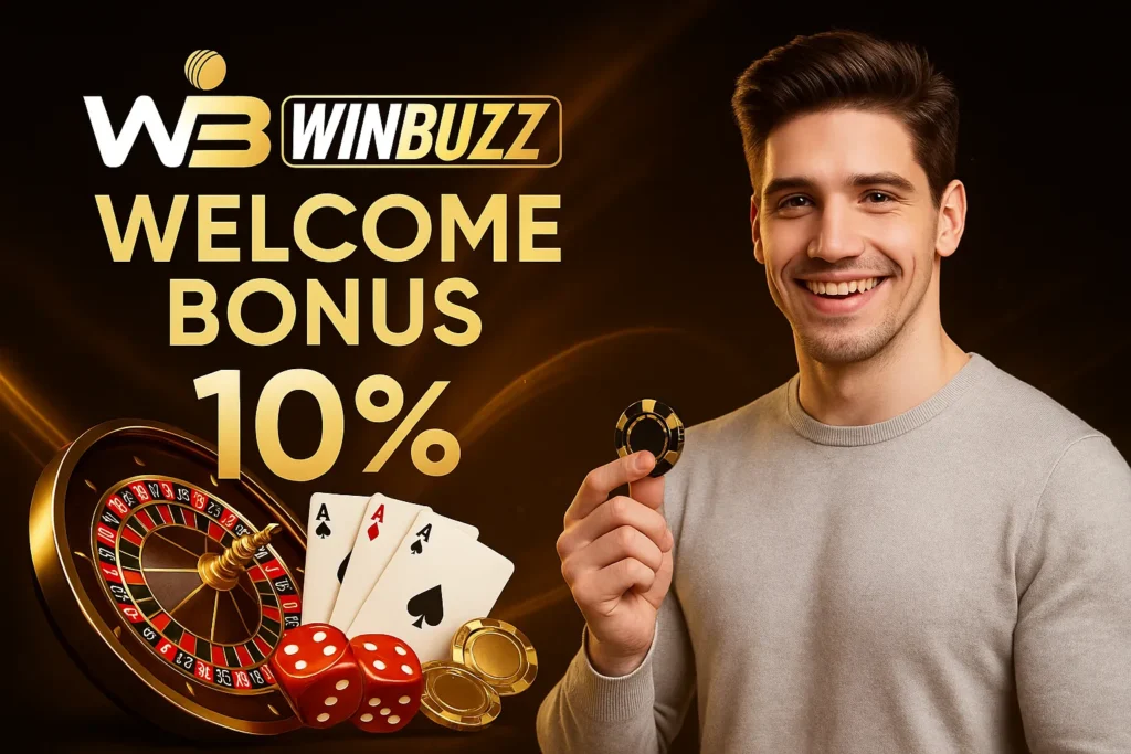 WinBuzz casino bonus ad with smiling man holding poker chip.
