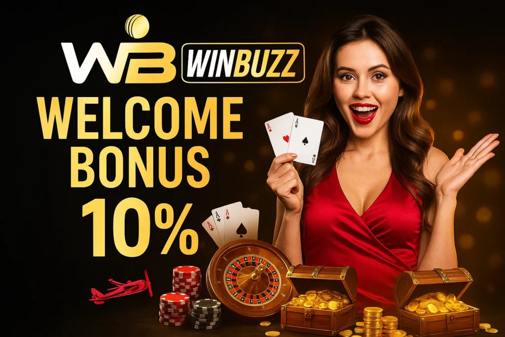 Smiling woman in red dress promoting WinBuzz Welcome Bonus 10%.