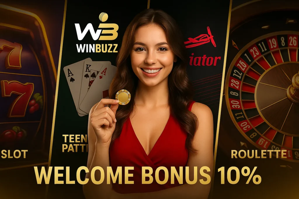 WinBuzz promo showing girl with casino, Teen Patti, Aviator, and Roulette themes.