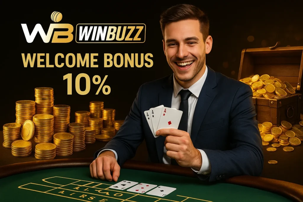 WinBuzz male player holding cards beside piles of gold coins and treasure.