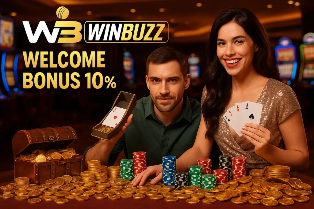WinBuzz promo with male and female players surrounded by gold coins and poker chips.