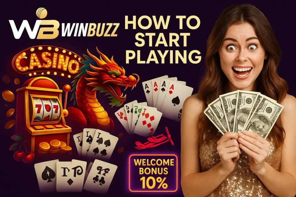 WinBuzz casino promotional image featuring a happy female player, slot machine, dragon, and game cards with a “Welcome Bonus 10%” offer.