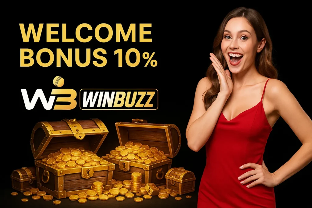 Excited woman in red dress with treasure chests promoting WinBuzz.