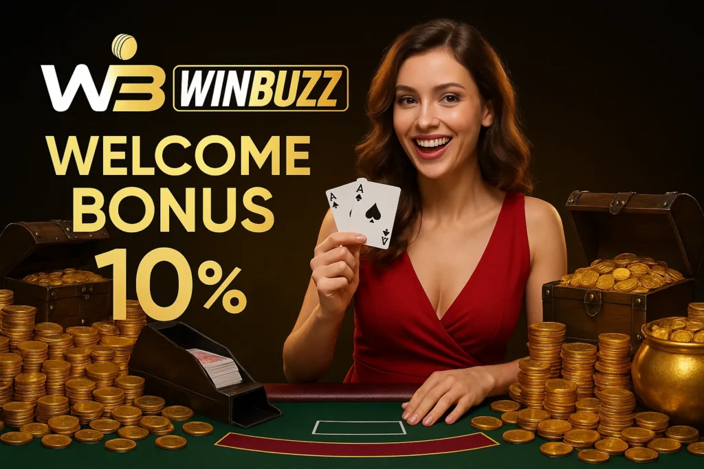 WinBuzz casino promo with woman holding cards surrounded by gold coins.