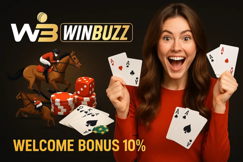 WinBuzz casino promo with excited female player and horse racing theme.