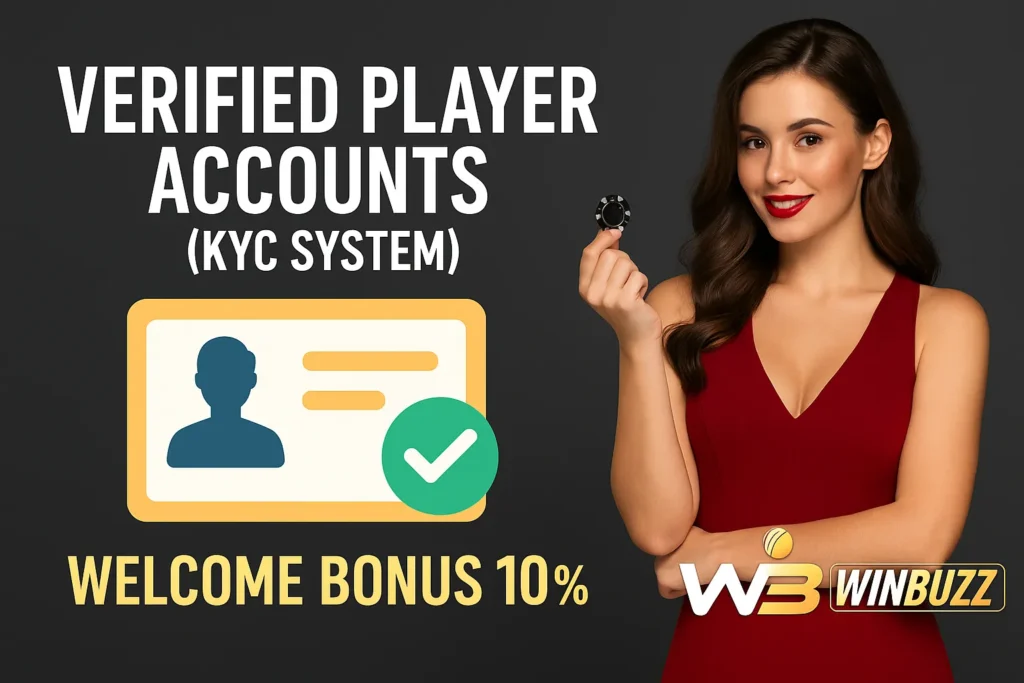 WinBuzz promo showing girl with poker chip and KYC verification theme.