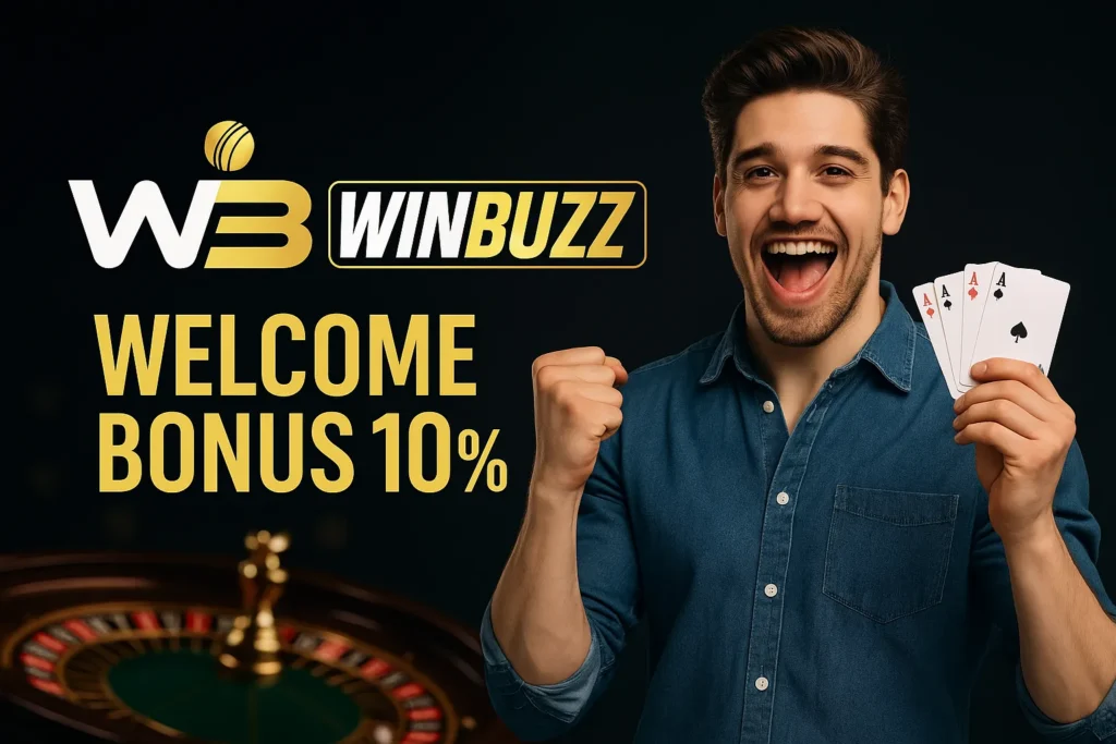 WinBuzz 10% welcome bonus with excited player holding cards