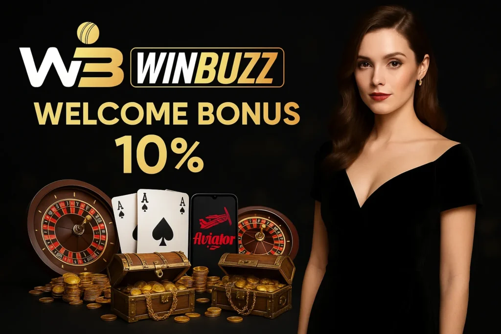 Elegant woman in black gown promoting WinBuzz 10% welcome bonus.