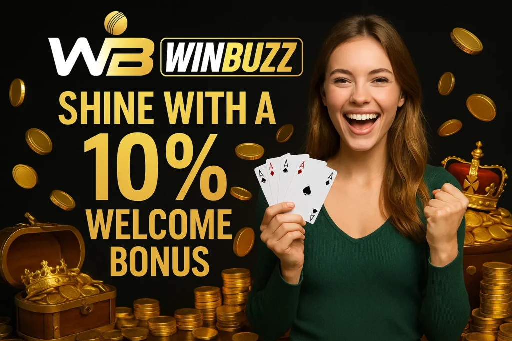 WinBuzz promo with woman holding cards and surrounded by gold coins.