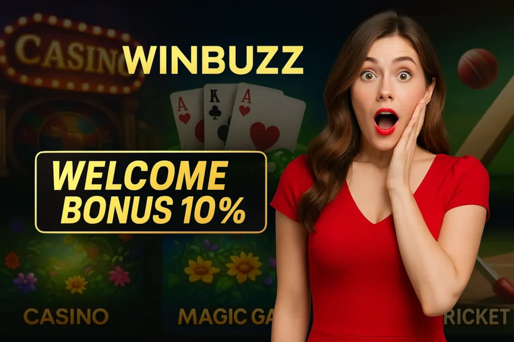 Promotional image showing a surprised woman promoting WinBuzz with casino, Teen Patti, Magic Games, and cricket background.
