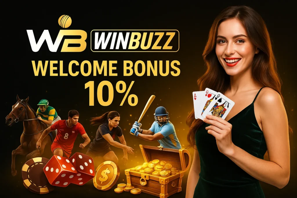 WinBuzz promo with sports and casino games featuring woman holding cards.