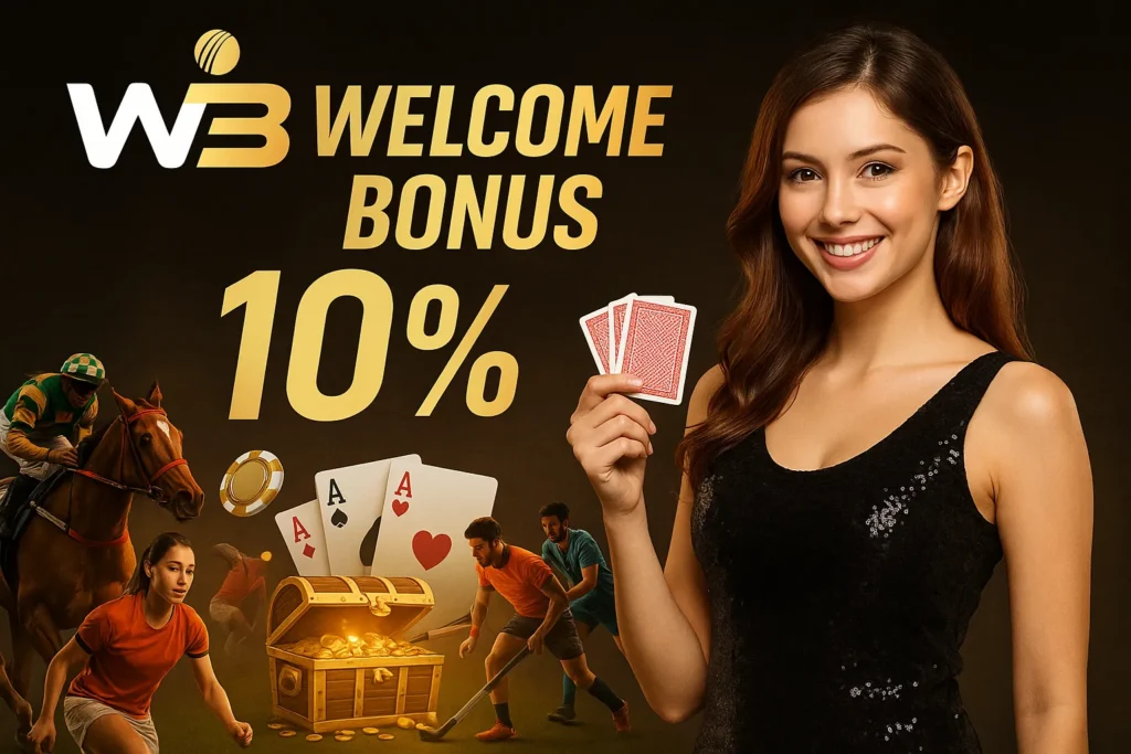 WinBuzz sports and casino promo with female player and 10% bonus.