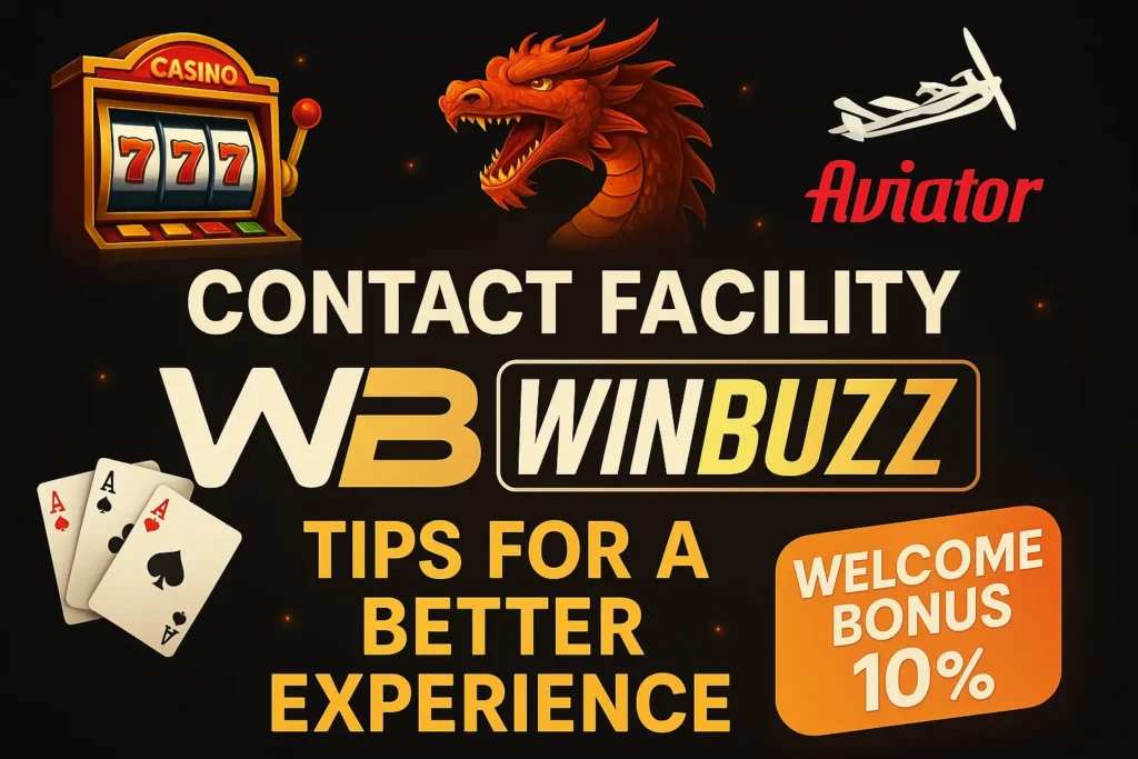 WinBuzz contact and tips promo with casino, dragon, and cards.