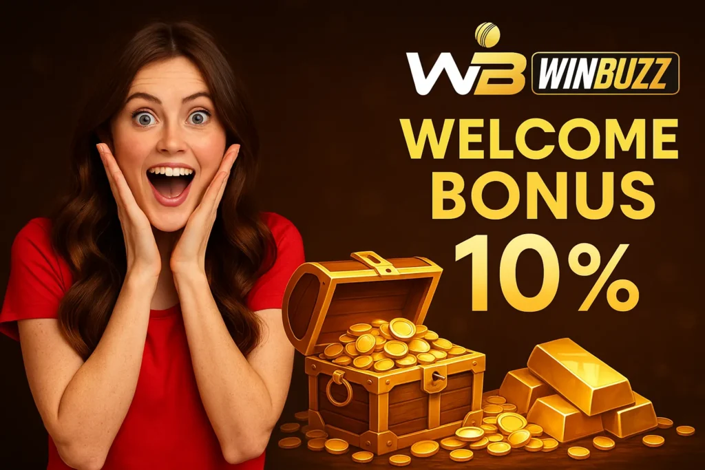 Excited woman with treasure chest promoting WinBuzz 10% bonus.