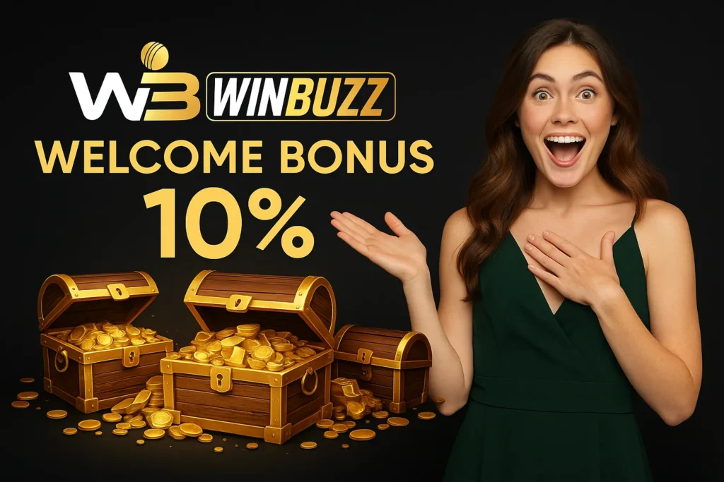 Excited woman in green dress beside treasure chests for WinBuzz.