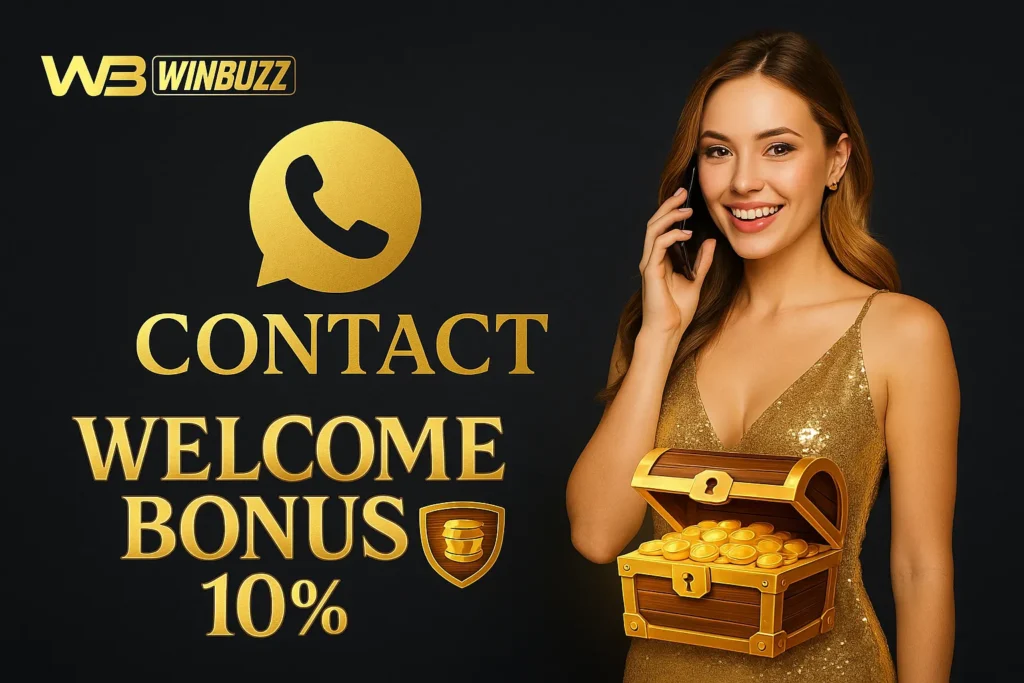 WinBuzz contact image with dark background, gold elements, and treasure chest.