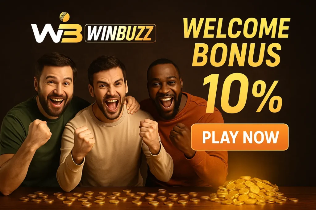 WinBuzz promotional image showing excited players celebrating around gold coins with “Welcome Bonus 10%” text.