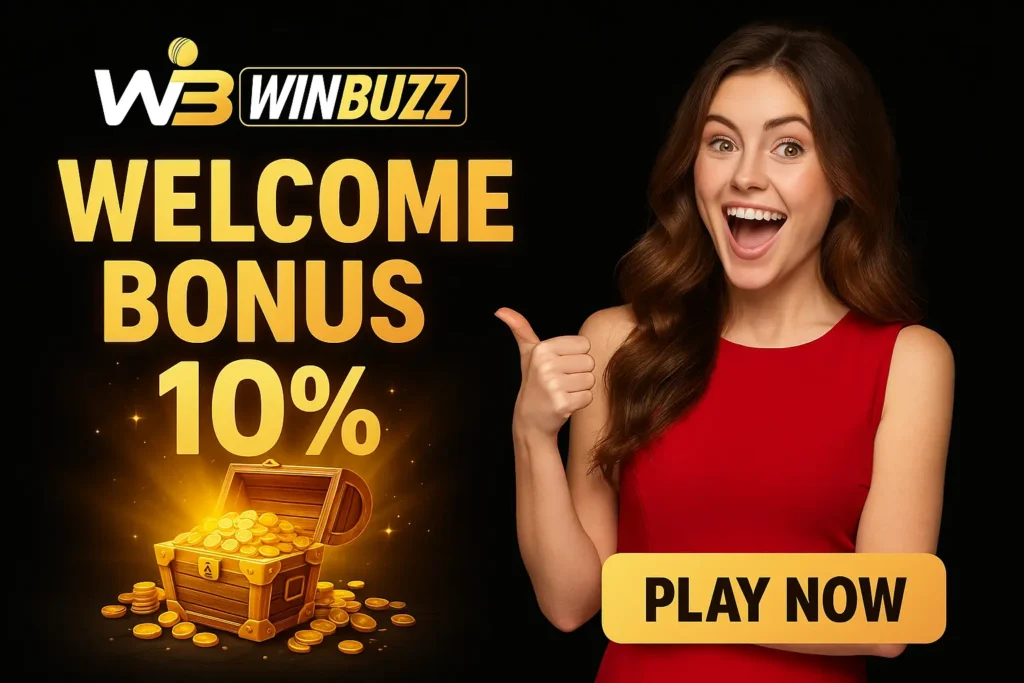 WinBuzz promotional image featuring a girl excitedly pointing at “Welcome Bonus 10%” and a glowing treasure chest.