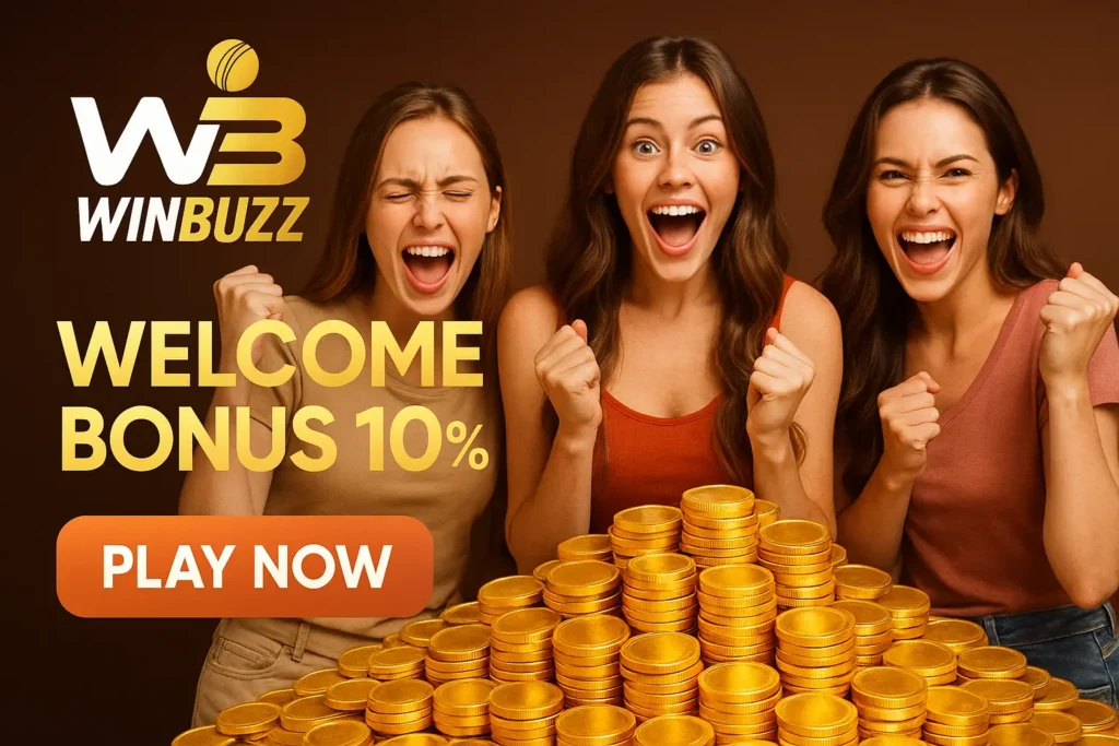 WinBuzz promotional image featuring excited female players celebrating around gold coins.