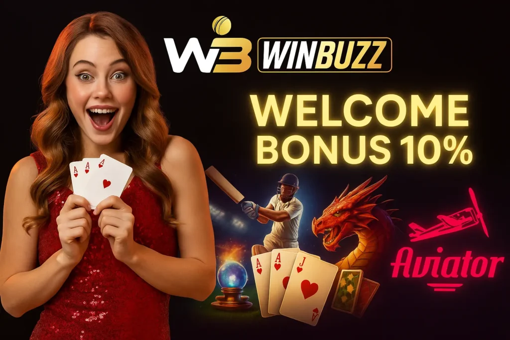Promotional image for WinBuzz showing a girl promoting games like Magic Game, Cricket, Teen Patti, and Aviator.