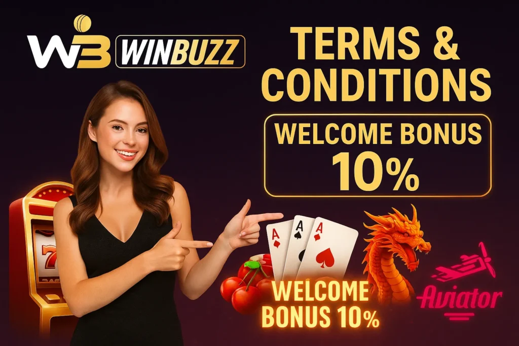 WinBuzz Terms & Conditions promotional image featuring a smiling woman, casino slot, dragon, Teen Patti cards, and Aviator graphic.