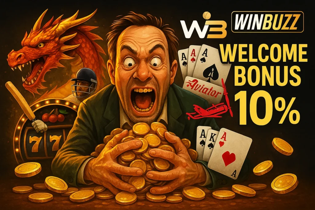 WinBuzz greedy-themed promotional image with casino, cricket, dragon, Teen Patti, and Aviator elements.
