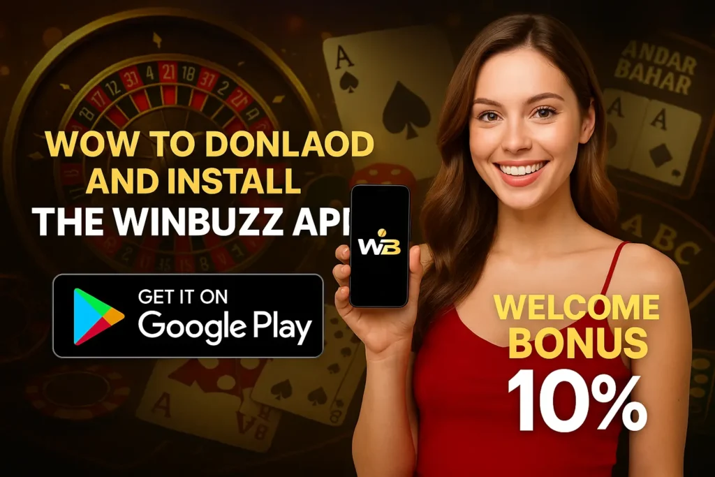 WinBuzz app download and install promo with casino, Teen Patti, and Andar Bahar background.