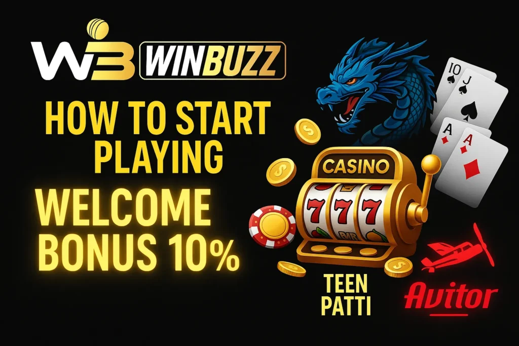 Promotional image showing how to start playing on WinBuzz featuring casino, Teen Patti, dragon, and Aviator themes.
