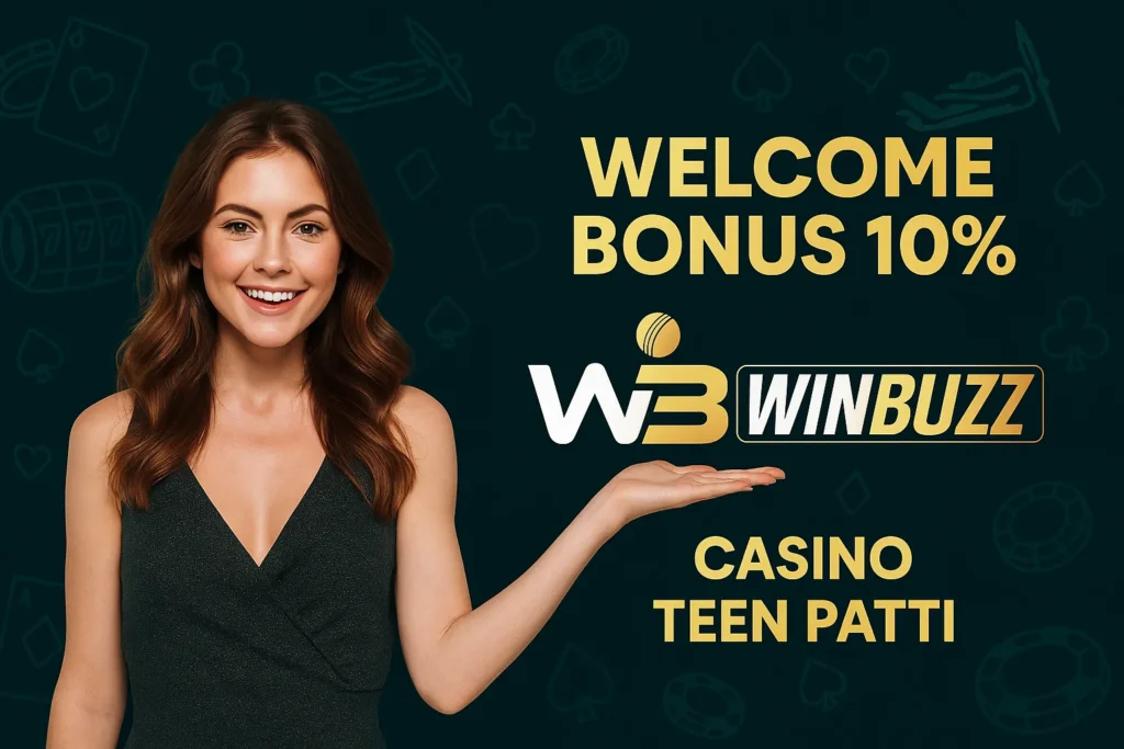 WinBuzz promo girl in green dress presenting 10% welcome bonus for casino and teen patti.