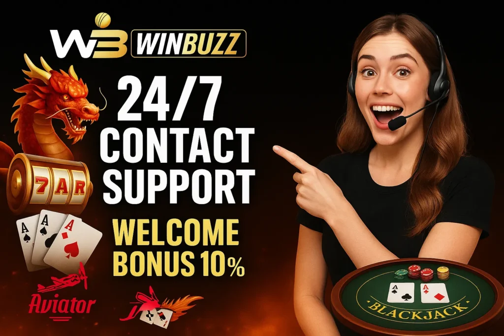 WinBuzz 24/7 support promo with casino and dragon.