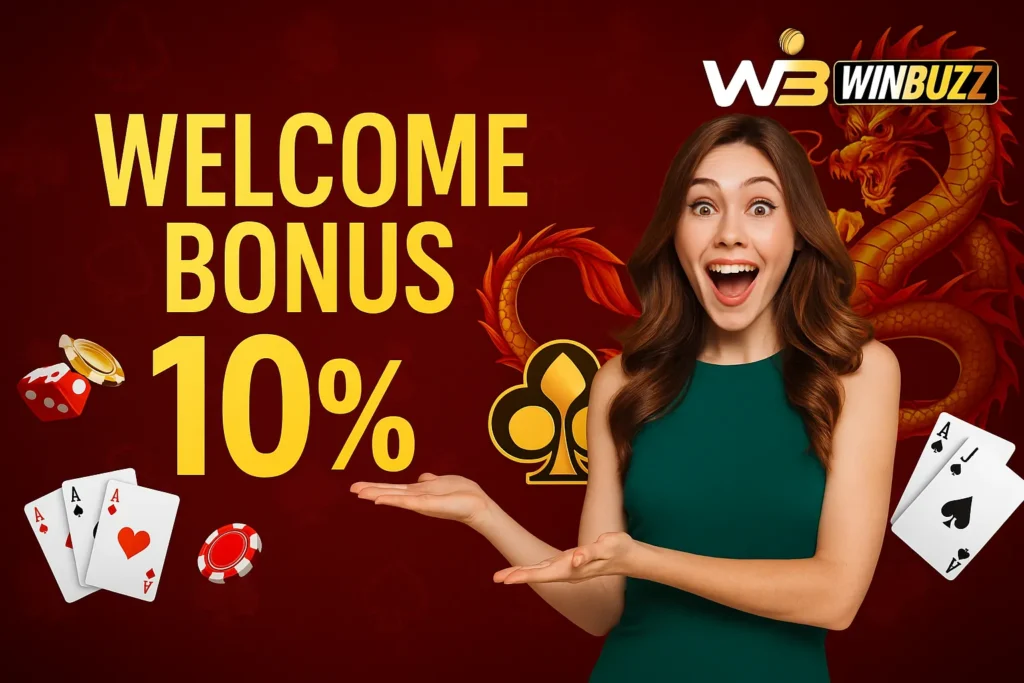 WinBuzz promo girl excitedly showing 10% welcome bonus with casino, dragon, teen patti, and blackjack theme.