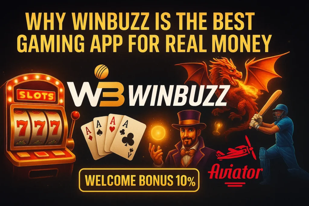 Promotional image for WinBuzz showcasing casino, dragon, Teen Patti, Aviator, magic, and cricket themes.
