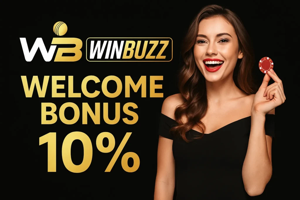 WinBuzz promo showing girl with poker chip and 10% welcome bonus.