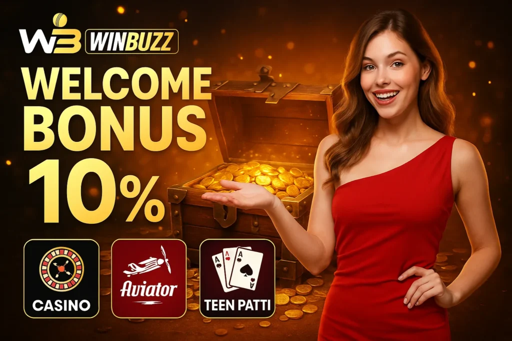 WinBuzz promo girl with treasure chest and icons for Casino, Aviator, and Teen Patti games.