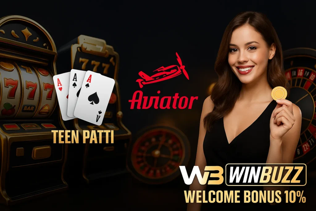 WinBuzz promo with girl model and casino games background.