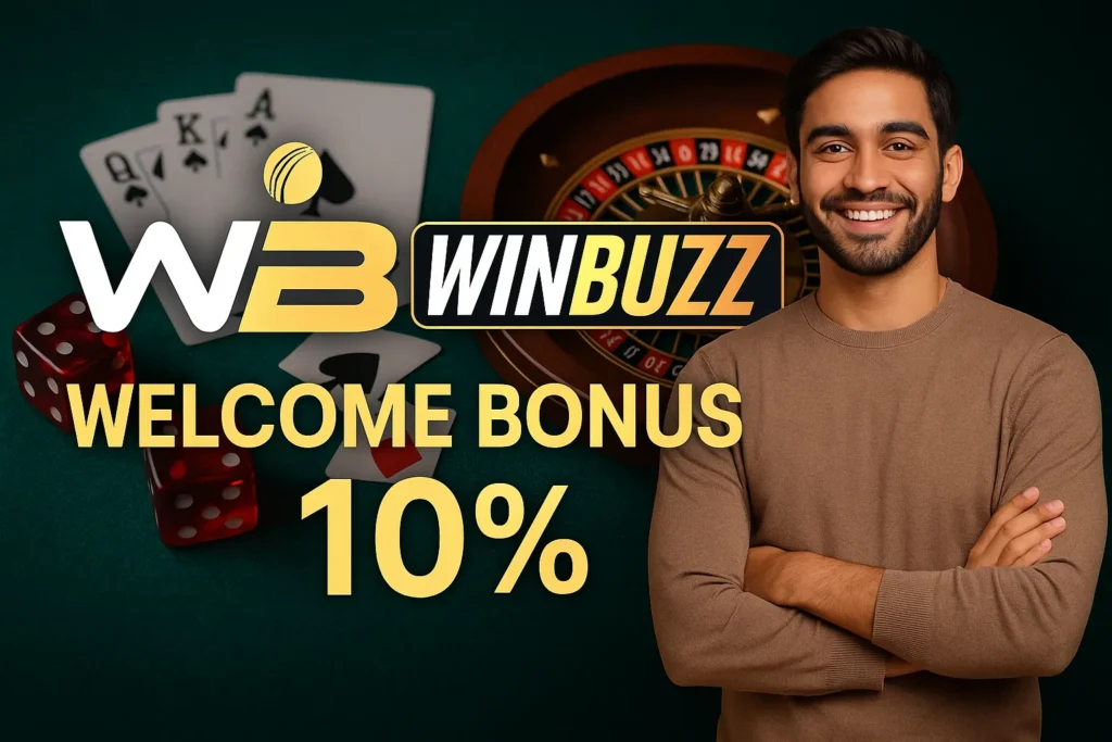 WinBuzz 10% welcome bonus with smiling player and roulette
