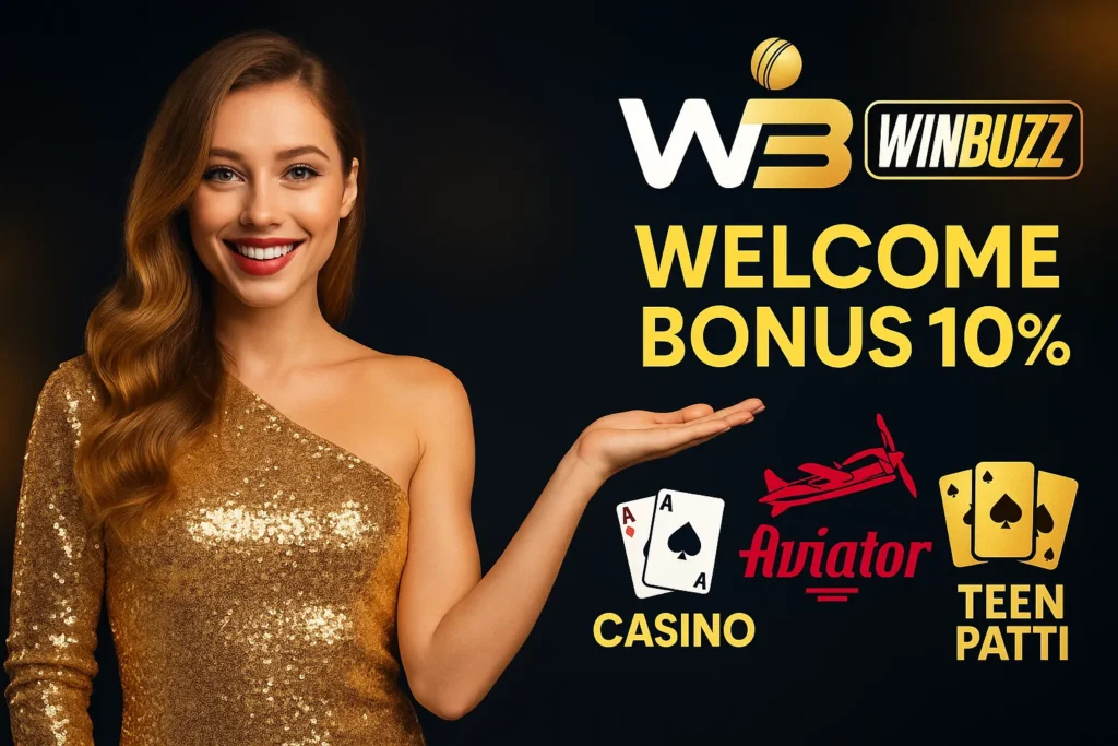 WinBuzz casino, teen patti, and aviator promo with smiling girl in gold dress.