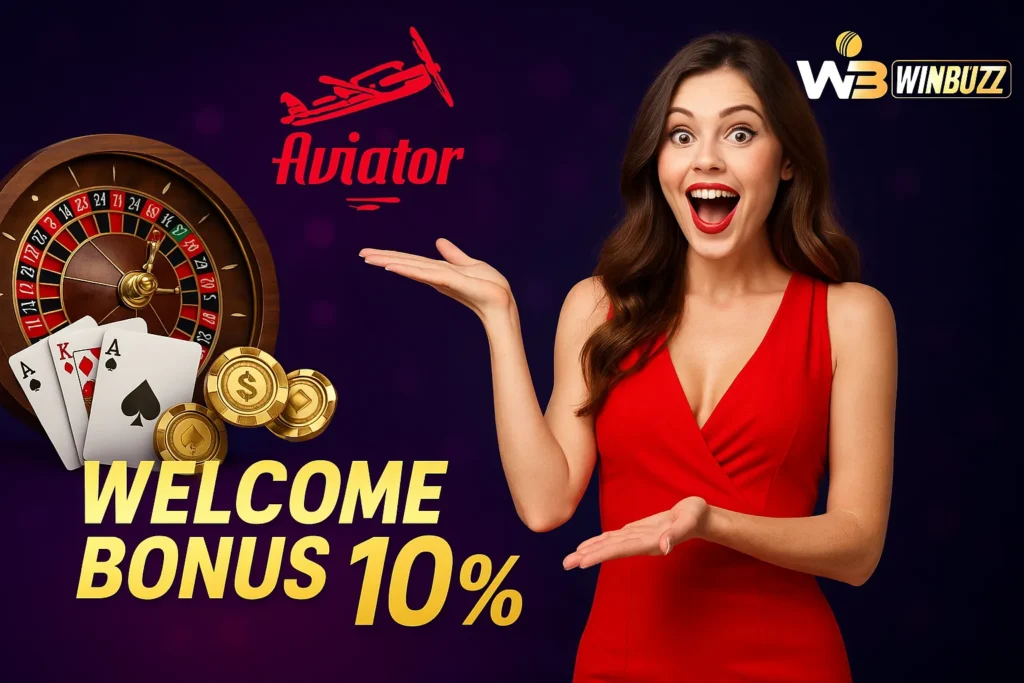 WinBuzz casino, Aviator, and teen patti promo with a smiling girl in red dress.