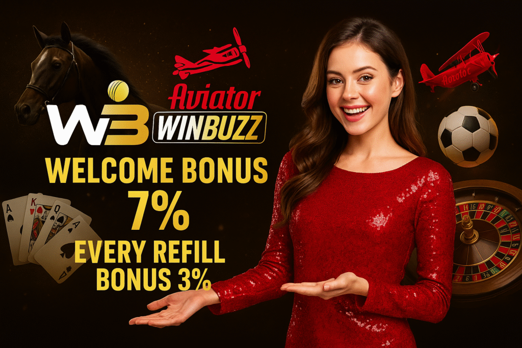 WinBuzz Aviator promo banner with a smiling woman in red, casino-themed icons, and bonus offers.