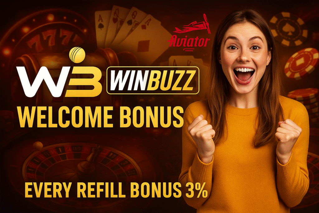 Excited happy girl with WINBUZZ casino games background and 7% welcome + 3% refill bonus.