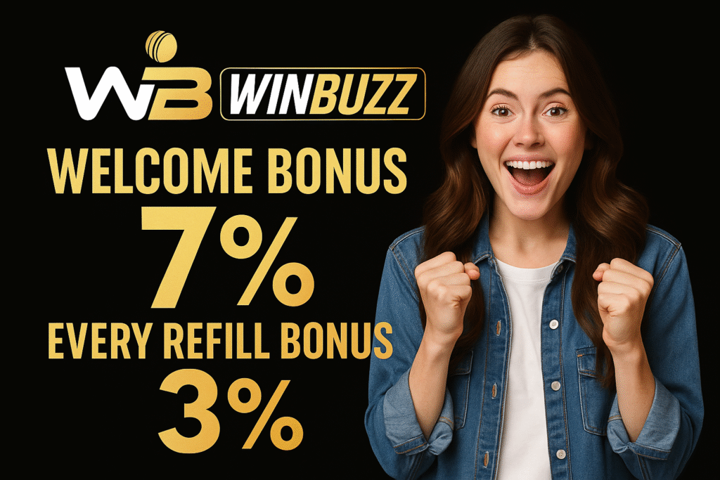 Attractive WinBuzz promo with happy girl player and bold Welcome Bonus 7% + Refill Bonus 3%.