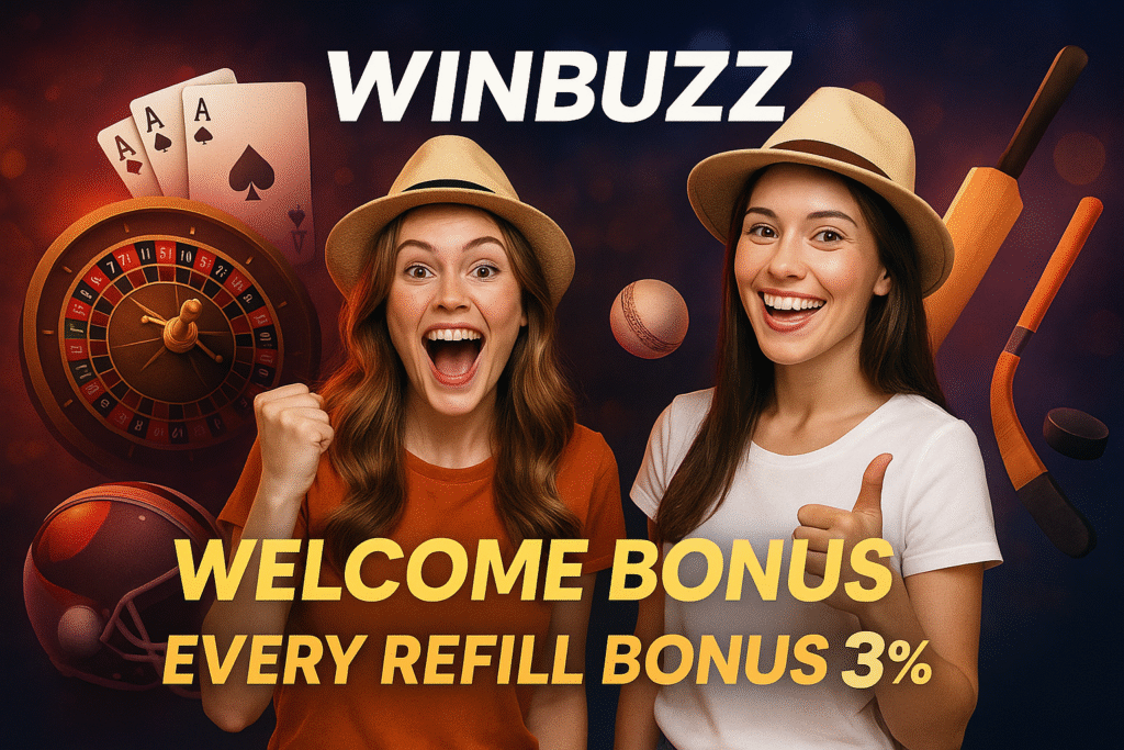 WINBUZZ banner with two hat-wearing happy promo girls, casino and sports games background, 7% welcome and 3% refill bonus.