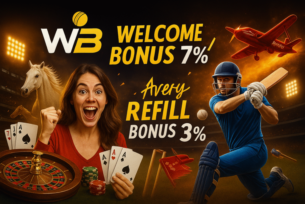 WinBuzz promo banner with excited girl, casino + sports vibe, and bold offers “Welcome Bonus 7%” and “Every Refill Bonus 3%