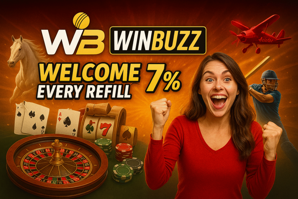 WinBuzz promo banner with casino, Teen Patti, Aviator, Roulette vibes and excited girl; offers shown clearly.